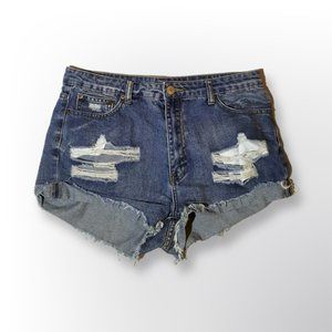 DENIM JEAN CUT OFF DISTRESSED CHEEKY RAW HEM SHORTS SIZE L